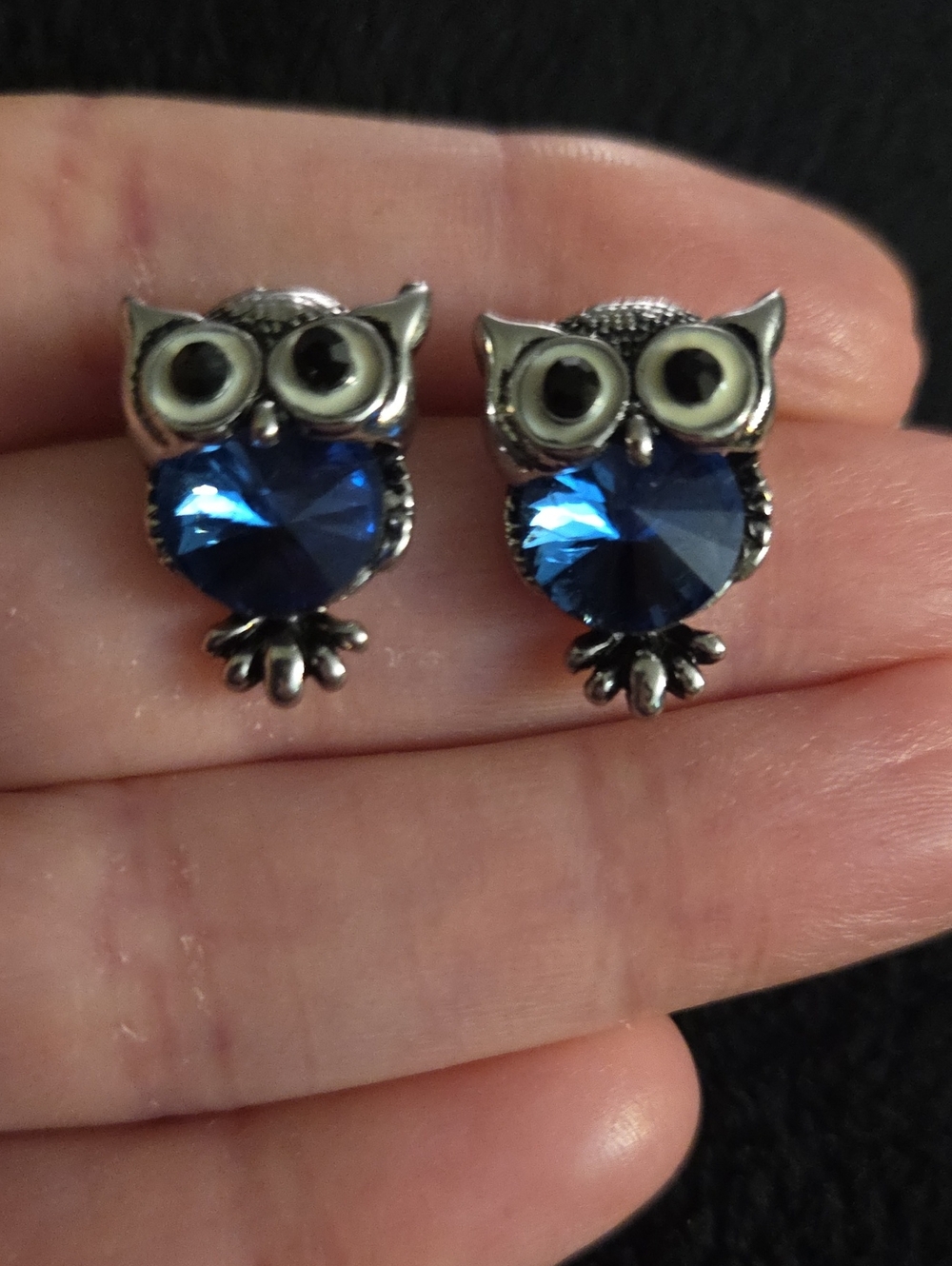NEW - Earrings - owls - blue crystal